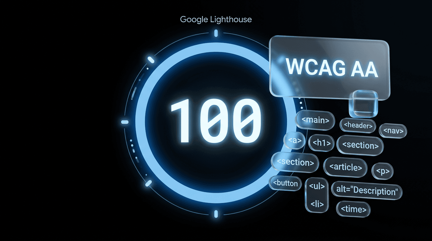Lighthouse accessibility audit showing a perfect 100/100 score after fixing heading hierarchy, color contrast, and ARIA labels