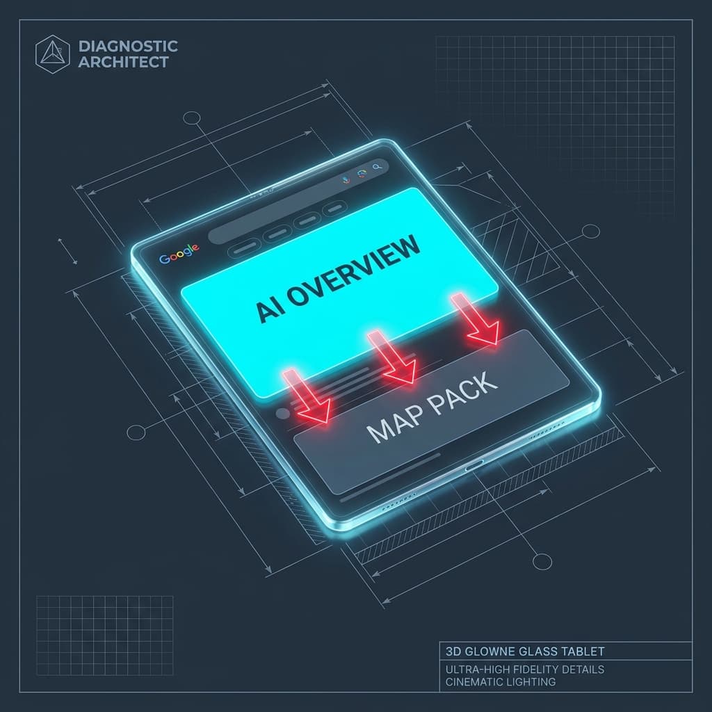 Diagram showing a Google Search Result Page with an AI Overview at the top, pushing the Map Pack and organic results further down the page