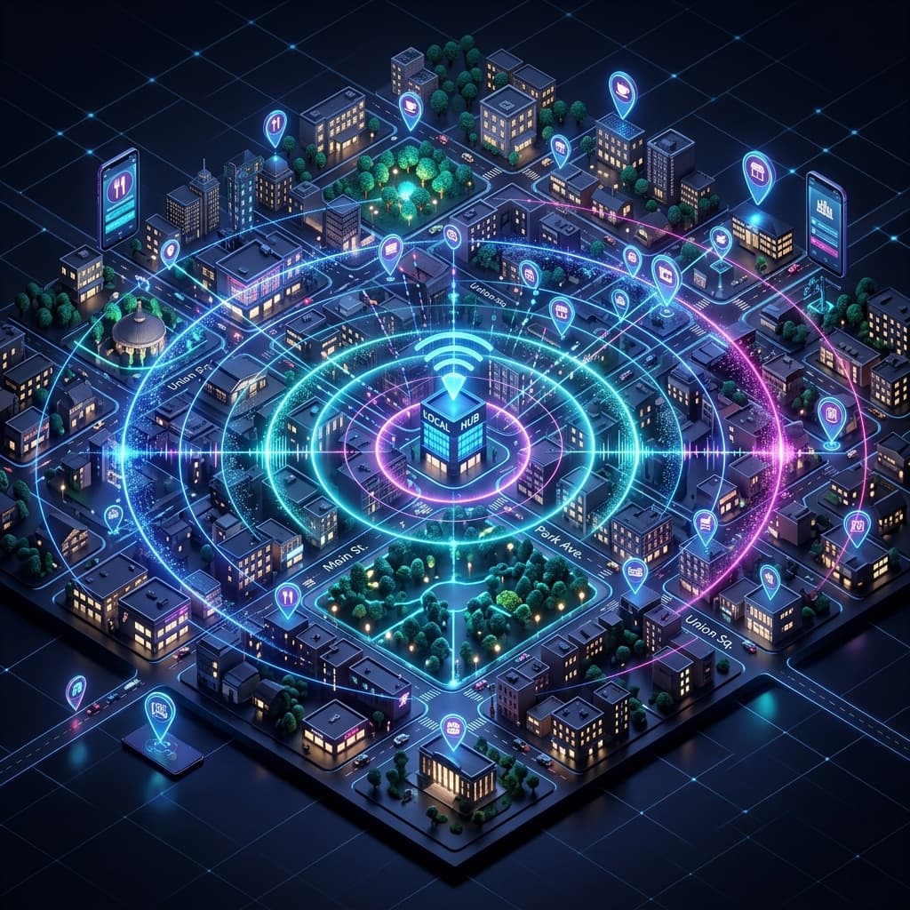 An isometric 3D architectural rendering of a local neighborhood with digital radar waves representing Apple Maps search visibility