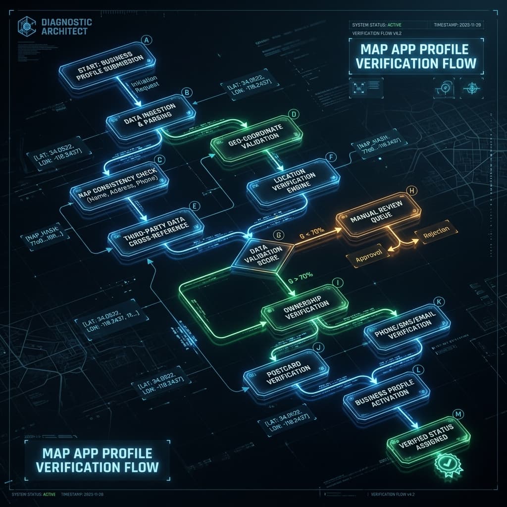 A high-fidelity flowchart diagram illustrating the technical verification process for a local business profile on Apple Maps