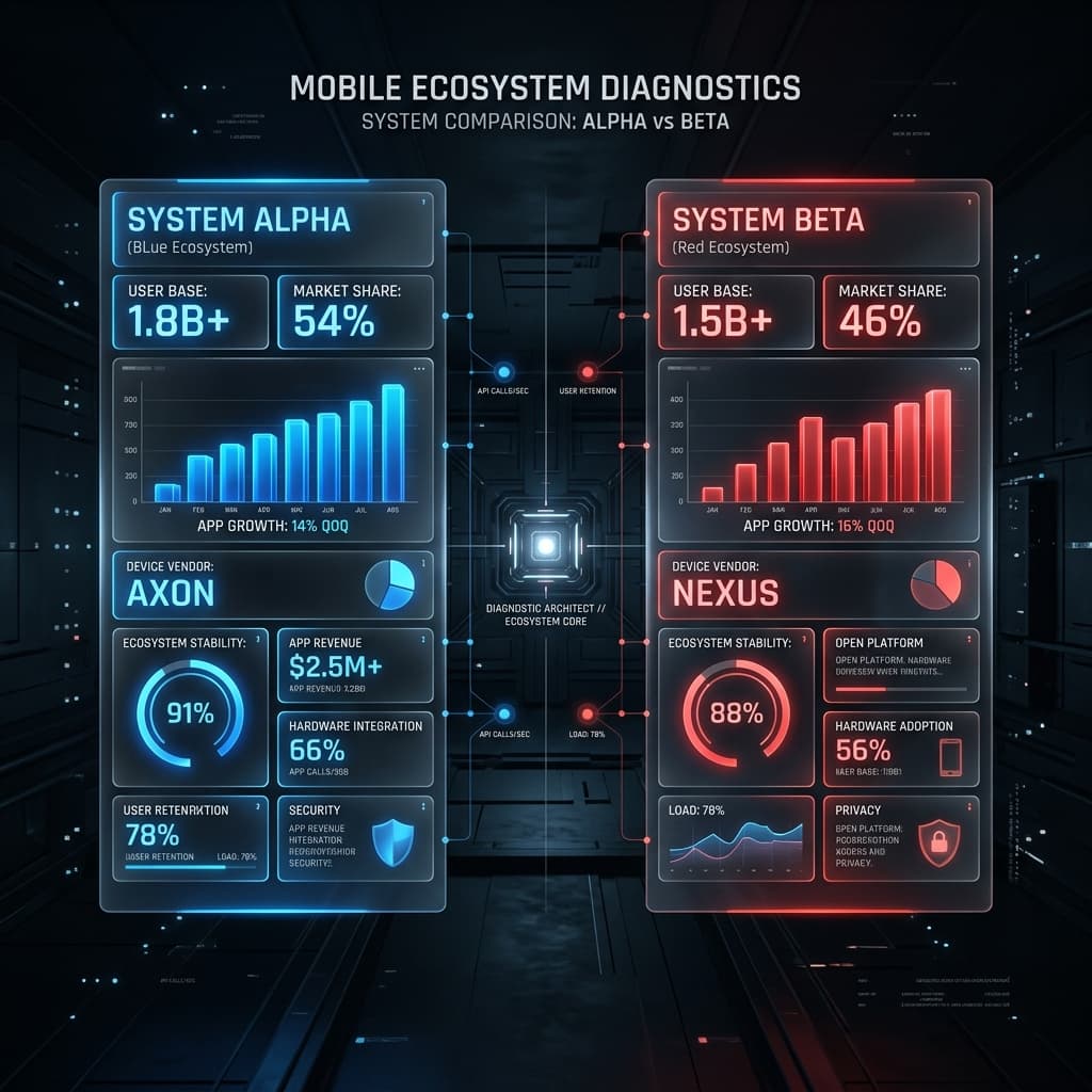 A cinematic, glassmorphism-style dashboard displaying a data-driven comparison between two mobile search ecosystems