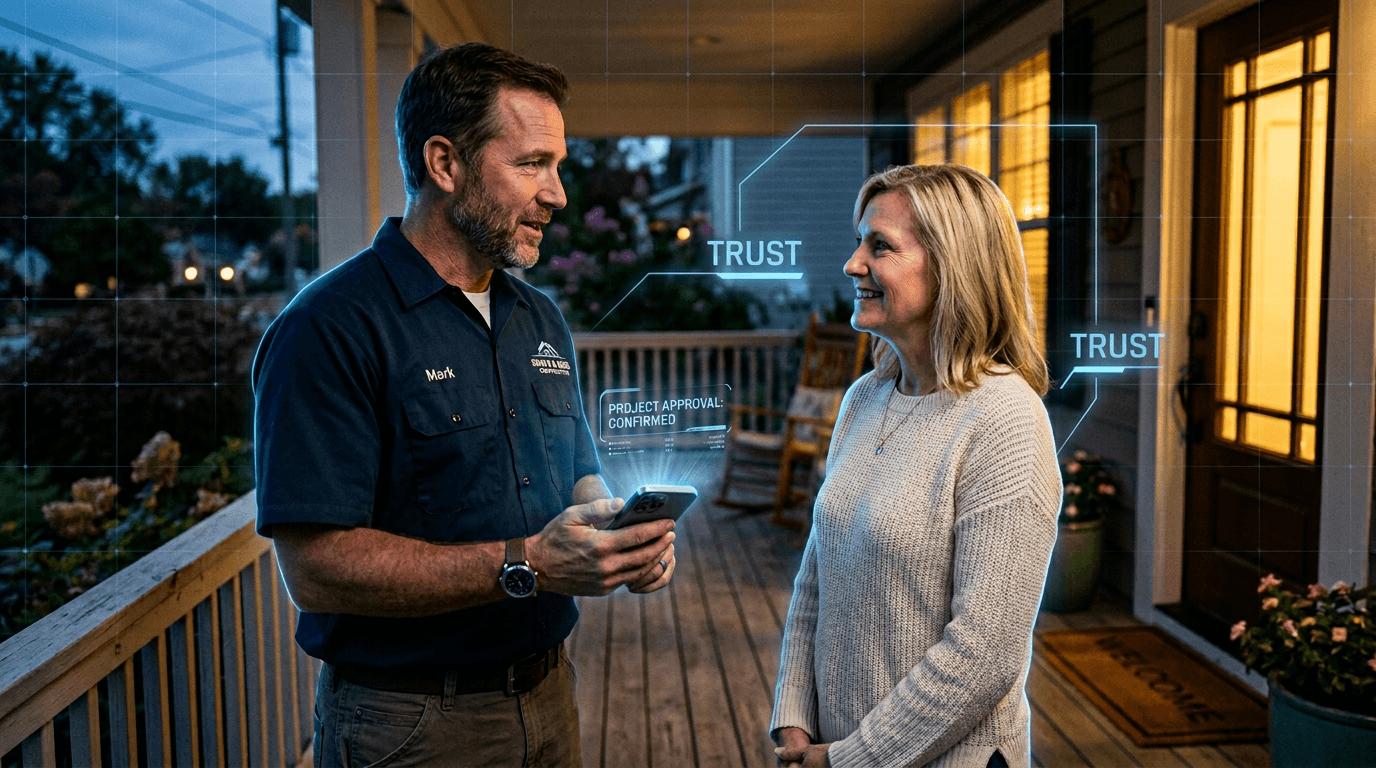 Photo of a contractor wrapping up a job and talking with a homeowner on the front porch