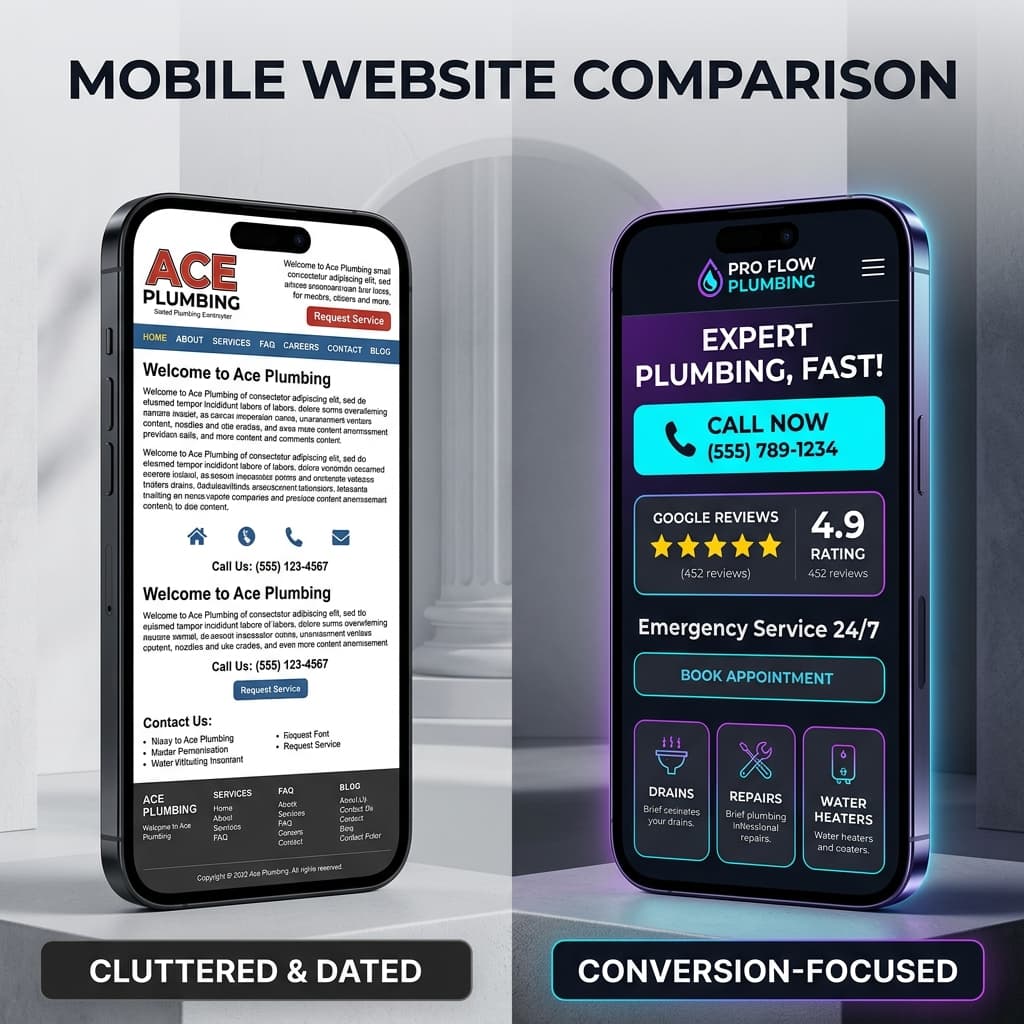 Side-by-side comparison of a cluttered contractor website versus a clean, conversion-focused one