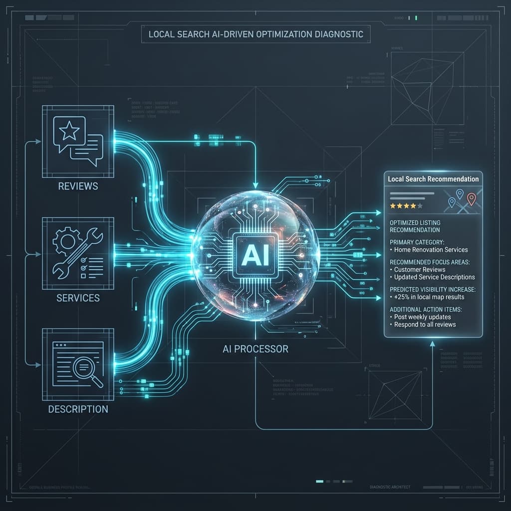 Flowchart showing data moving from a Google Business Profile (reviews, services, description) into an AI model like Gemini, which then outputs an AI Overview recommendation