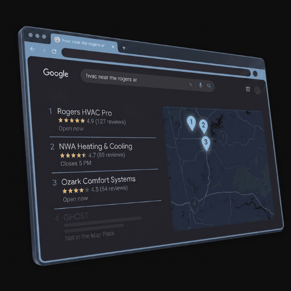 Google Map Pack showing 3 ranked contractors and a ghosted 4th slot labeled 'Not in the Map Pack'