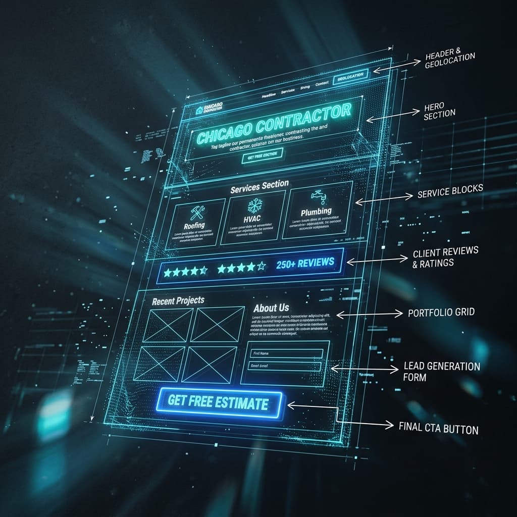 A wireframe showing the structure of a good local landing page for contractors