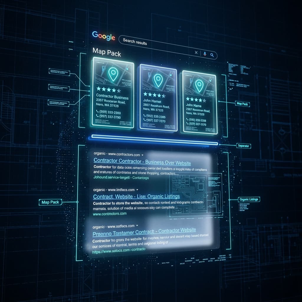 A diagram showing the Google Map Pack and organic results for a local contractor search