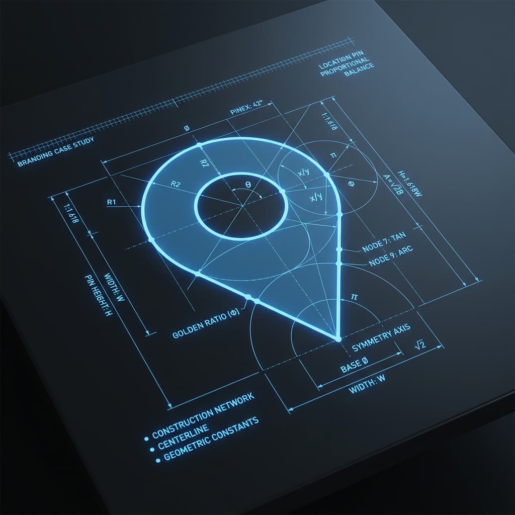 Technical blueprint showing the construction of the location pin logo