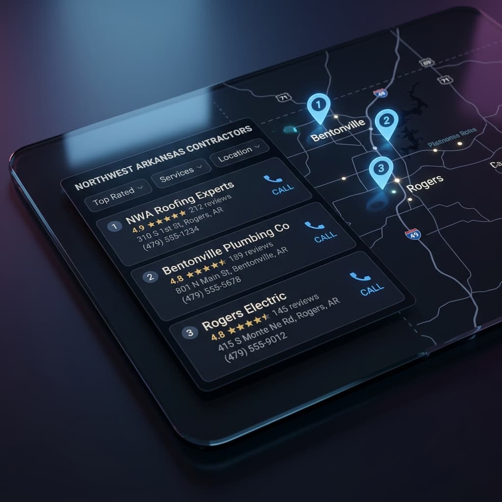 Screenshot of a Google Map Pack result for a contractor search in Northwest Arkansas showing three local businesses with ratings and phone numbers