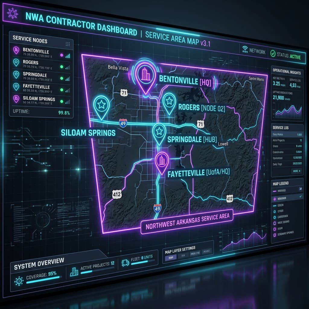 Map of Northwest Arkansas showing contractor service cities including Rogers, Bentonville, Springdale, Fayetteville, and Siloam Springs