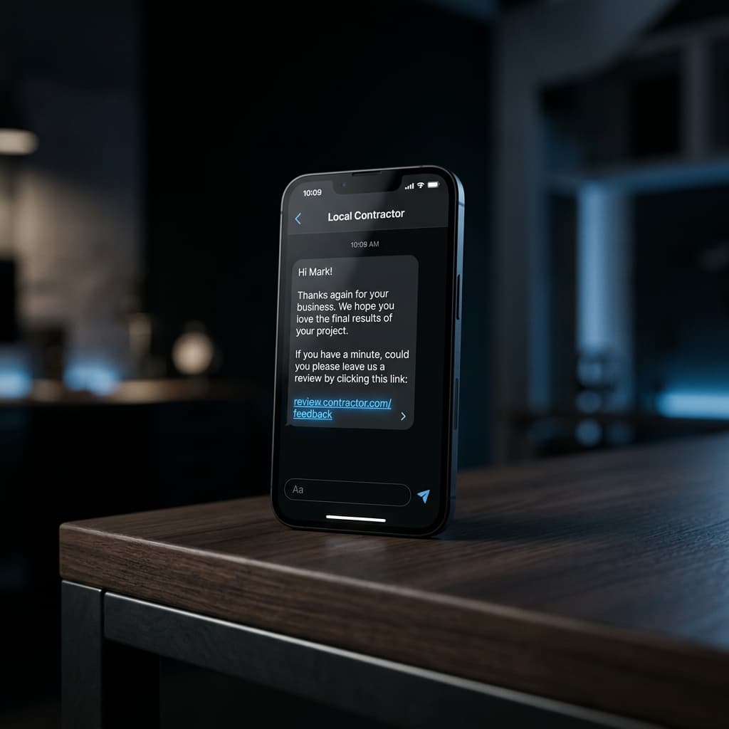 Cinematic mockup of a review request text message