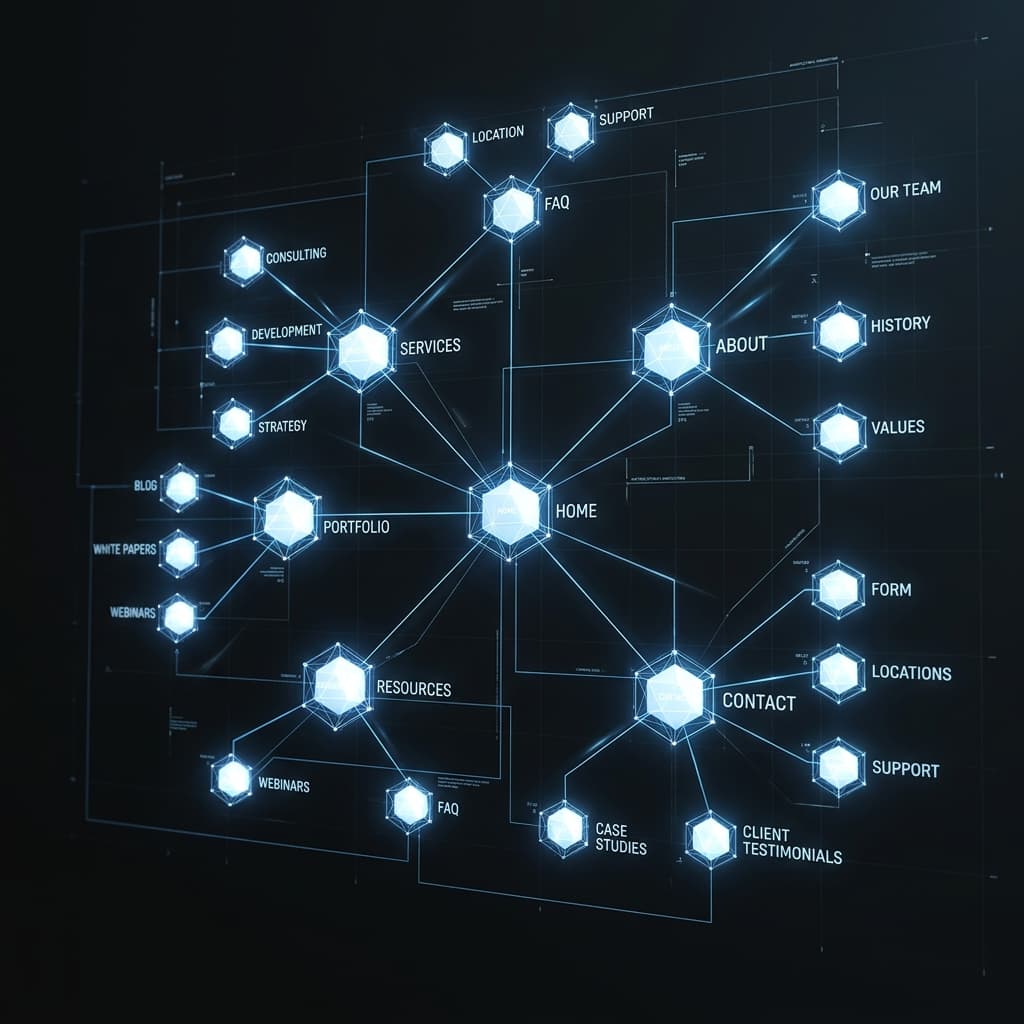 Cinematic 3D map of the website architecture