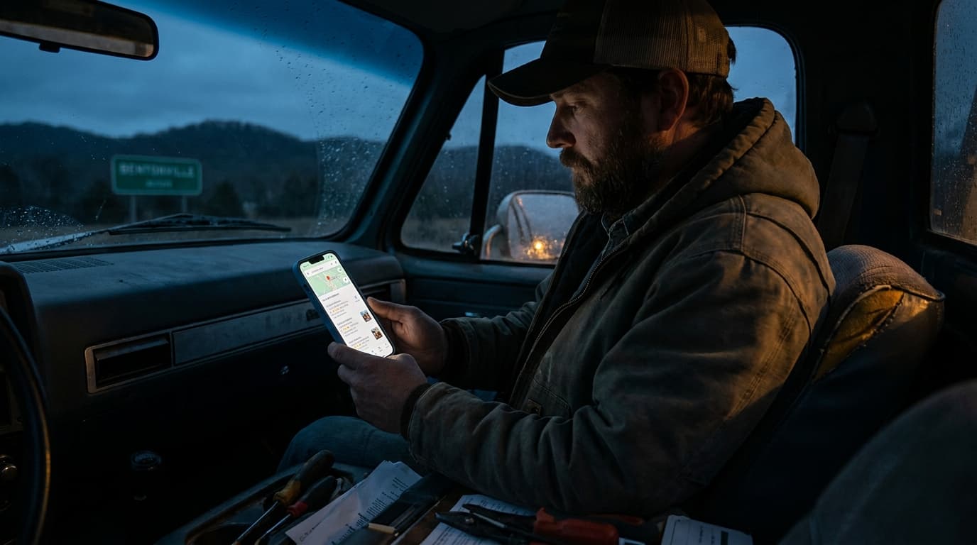 A contractor sitting in his truck at dusk outside Bentonville, searching on his phone, with tools and paperwork on the seat beside him