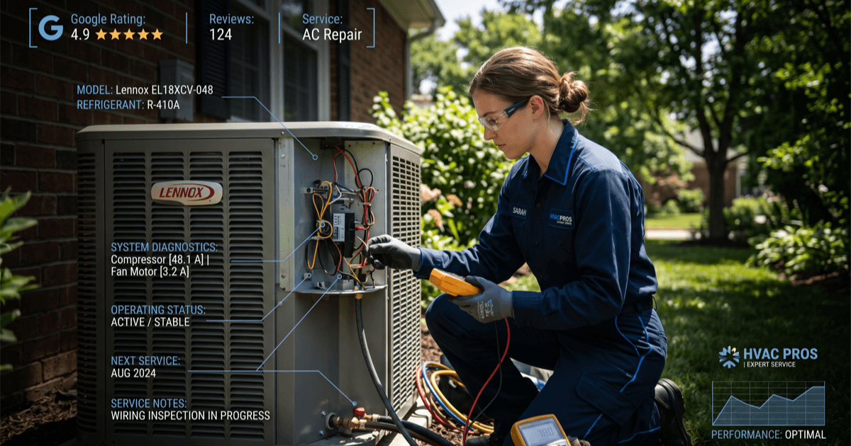 HVAC technician inspecting an outdoor air conditioning unit during a summer service call
