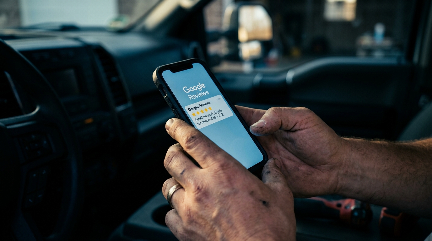 Close-up of a contractor's work-worn hands holding a smartphone showing a five-star Google review notification, with a blurred job site visible in the background.