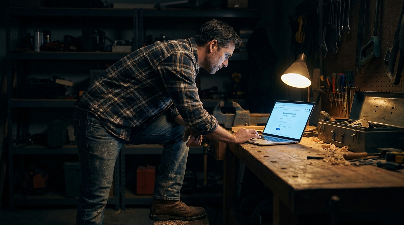 A contractor in work clothes sits at a garage workbench setting up his Google Business Profile on a laptop, tools nearby.