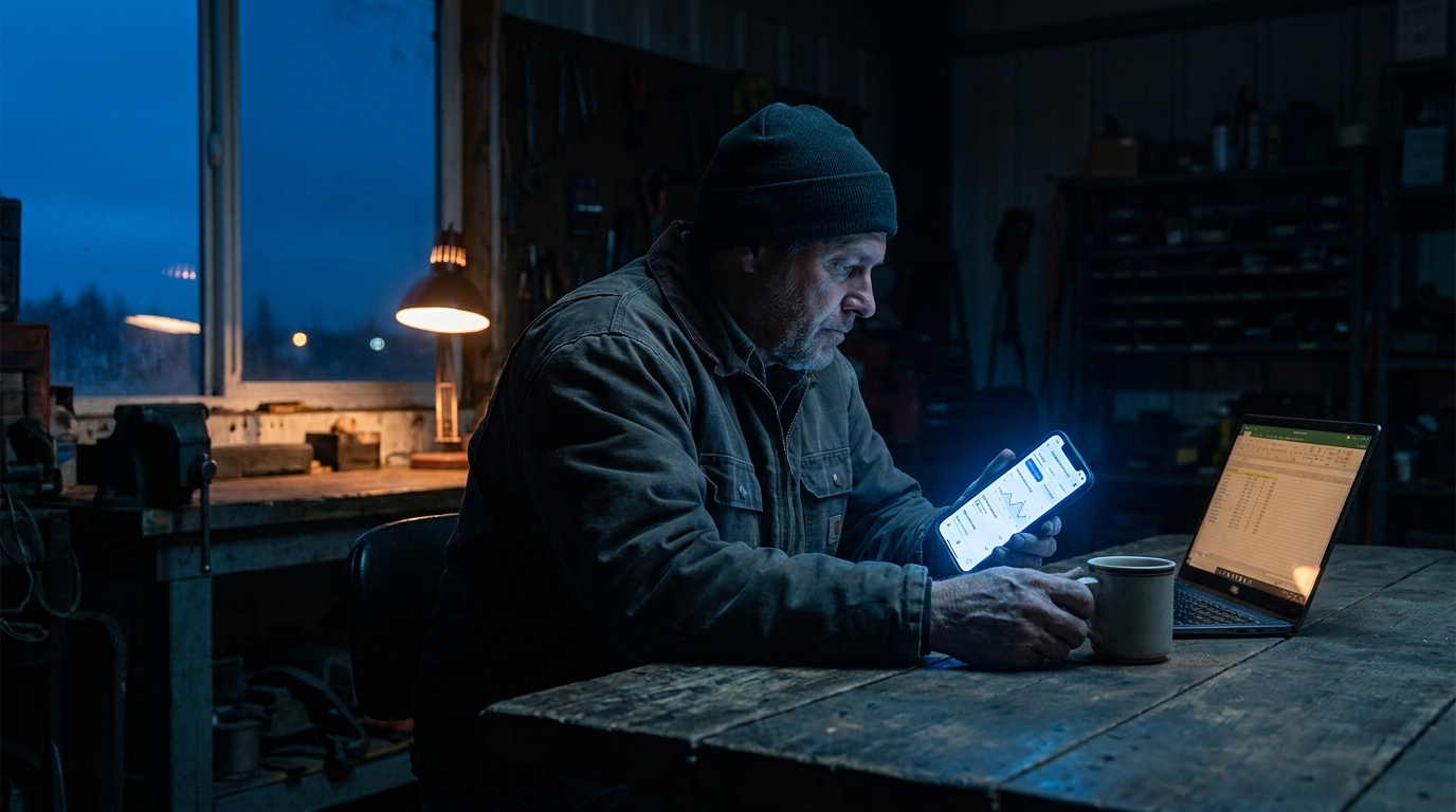 A contractor reviews his Google Business Profile activity and insights on a smartphone at a table in the evening.
