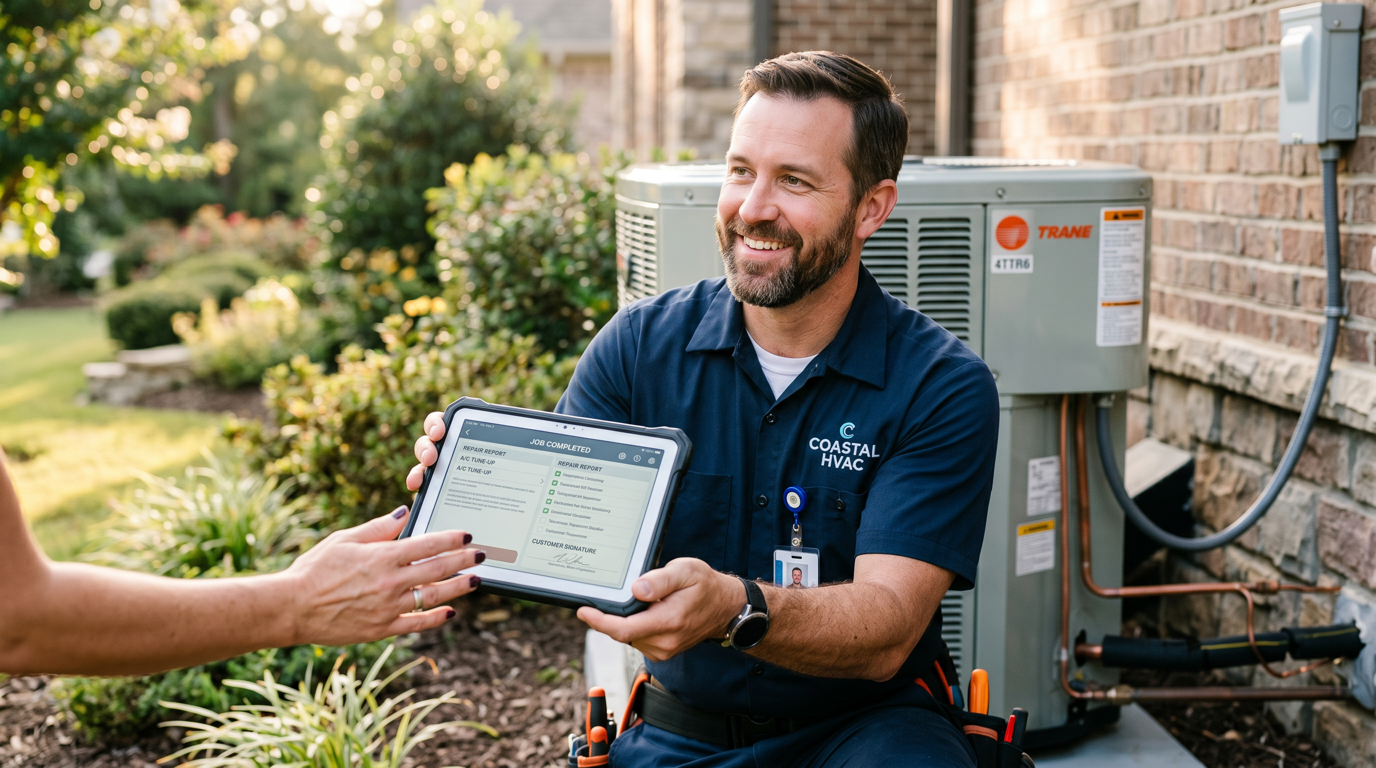 HVAC technician inspecting an outdoor air conditioning unit during a routine service visit — the moment to ask for a Google review
